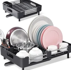 Égouttoir à Vaisselle Extensible, Pliable en Acier Inoxydable avec Porte-Couverts noir