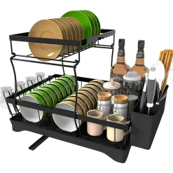 Égouttoirs à Vaisselle à 2 Niveaux Noir,Égoutoire Vaisselle Cuisine avec bac Récupération Amovible et Porte-Couverts.