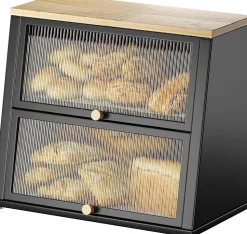 Grande boîte à pain noire à deux couches avec porte à fenêtre rayée et poignée en bois