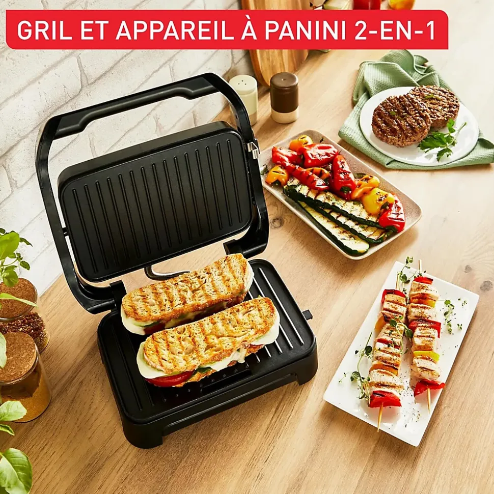 Gril Panini Noir 1000W 2-en-1 Compact