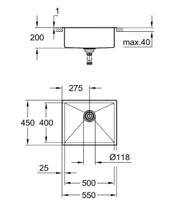 GROHE Evier en acier inoxydable K700 31726SD0 - A encastrer - 1 bac - sans egouttoir - 55x45 cm - Inox