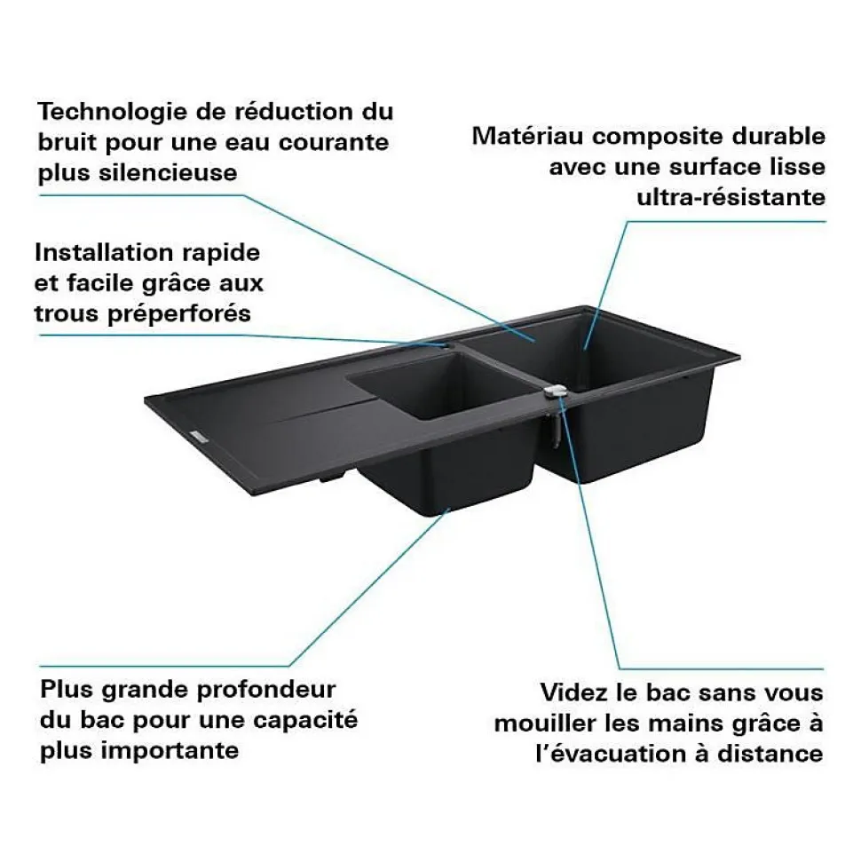 GROHE K400 - Evier composite avec égouttoir Noir granite 1160 x 500 mm 31643AP0
