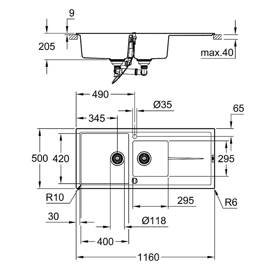GROHE K400 - Evier composite avec égouttoir Noir granite 1160 x 500 mm 31643AP0