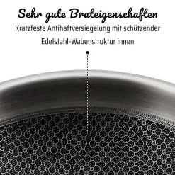 GSW Wok pro 32 cm Fond 3 PLY nid d abeille Poignee rivetee Inox Tous feux avec couvercle