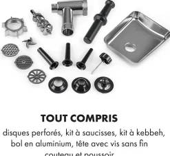 Hachoir à viande électrique, 700 watts, 2 vitesses, Marche arrière, Couteau en inox