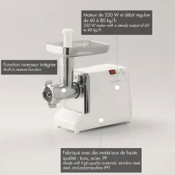Hachoir électrique avec inverseur - 60 à 80 kg/h - 350 W - 3 grilles - 3 entonnoirs - Louis Tellier