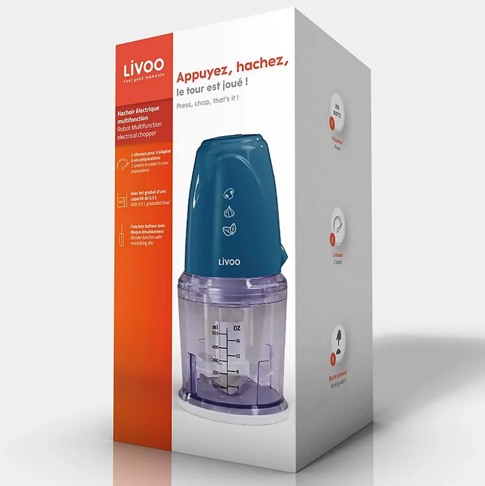 Hachoir électrique multifonction bleu Livoo DOP207B - Capacité 0,5L - 2 vitesses