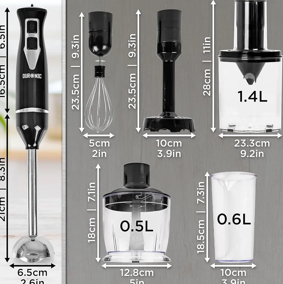 HB35 Bundle Mixeur plongeant 350W 2 vitesses Lames inox avec presse purée hachoir fouet spiraliseur Soupe Purée Smoothie Duronic