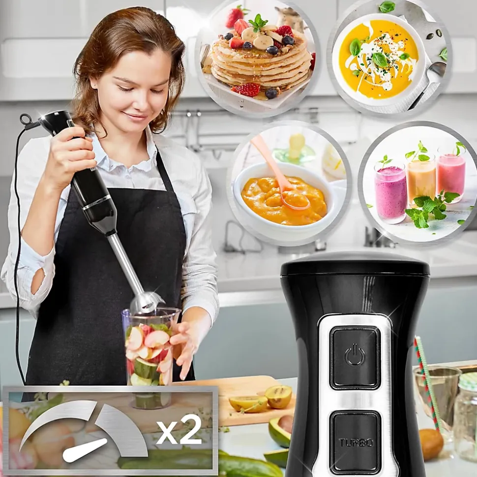 HB35 Bundle Mixeur plongeant 350W 2 vitesses Lames inox avec presse purée hachoir fouet spiraliseur Soupe Purée Smoothie Duronic