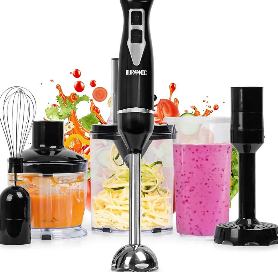 HB35 Bundle Mixeur plongeant 350W 2 vitesses Lames inox avec presse purée hachoir fouet spiraliseur Soupe Purée Smoothie Duronic