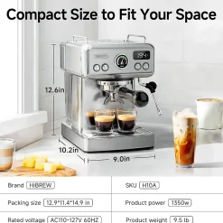 HiBREW H10A Semi Automatic Espresso Coffee Machine, 20Bar Pressure, Milk Frother, Temperature Adjustable, 350ml Pitcher