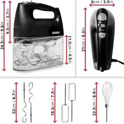 HM4 BK Batteur électrique à main 400W 5 vitesses Fonction turbo 2 batteurs 2 crochets 1 fouet Rangement intégré Duronic