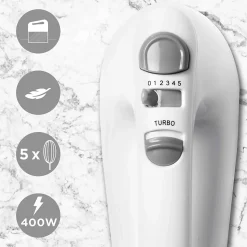 HM4 WE Batteur électrique à main 400W 5 vitesses Fonction turbo 2 batteurs 2 crochets 1 fouet Rangement intégré Duronic