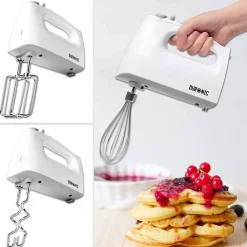 HM4 WE Batteur électrique à main 400W 5 vitesses Fonction turbo 2 batteurs 2 crochets 1 fouet Rangement intégré Duronic