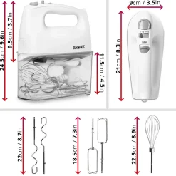 HM4 WE Batteur électrique à main 400W 5 vitesses Fonction turbo 2 batteurs 2 crochets 1 fouet Rangement intégré Duronic
