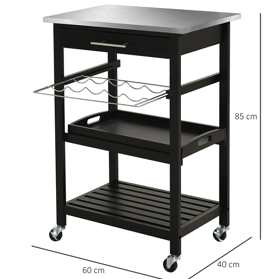 HOMCOM Chariot de service desserte de cuisine à roulettes multi-rangements 60L x 40l x 85H cm plateau acier inox. MDF pin noir
