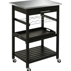 HOMCOM Chariot de service desserte de cuisine à roulettes multi-rangements 60L x 40l x 85H cm plateau acier inox. MDF pin noir