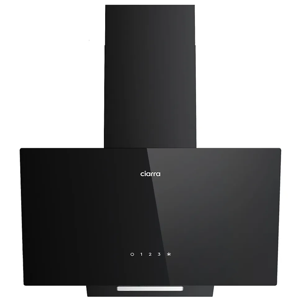 Hotte aspirante inclinée 60cm 350m3h recyclage ou évacuation éclairage LED verre noir Ciarra