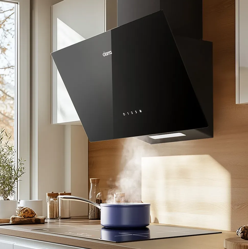 Hotte aspirante inclinée 60cm 350m3h recyclage ou évacuation éclairage LED verre noir Ciarra