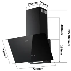 Hotte aspirante inclinée 60cm 350m3h recyclage ou évacuation éclairage LED verre noir Ciarra