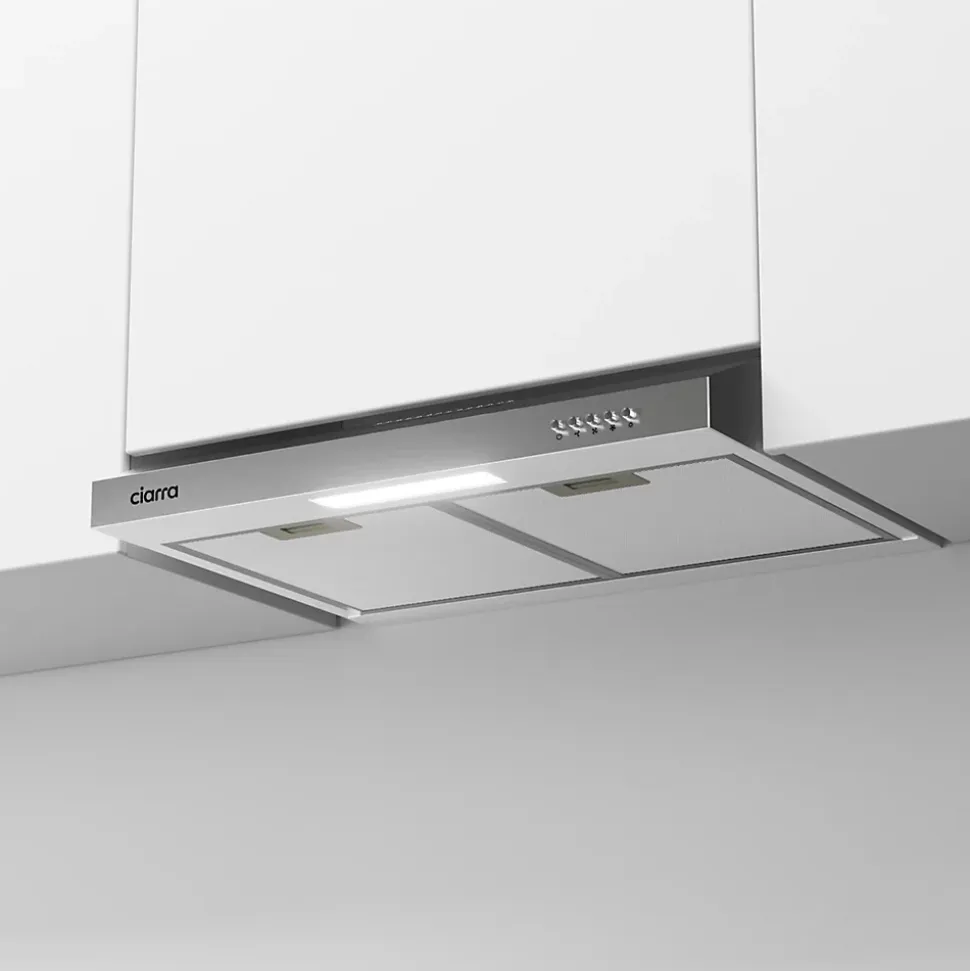 Hotte casquette 60cm 220m3/h 3 vitesses hotte encastrable évacuation ou recyclage inox Ciarra CD6903DS