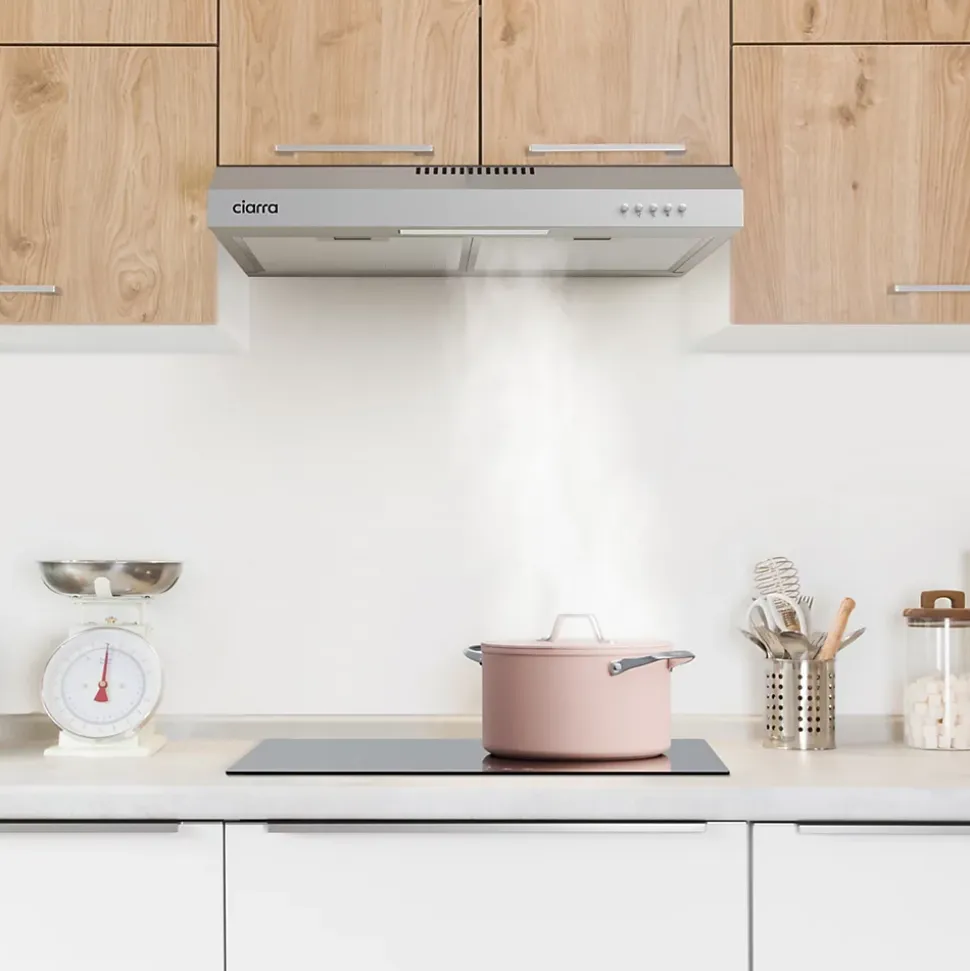 Hotte casquette 60cm 220m3/h 3 vitesses hotte encastrable évacuation ou recyclage inox Ciarra CD6903DS