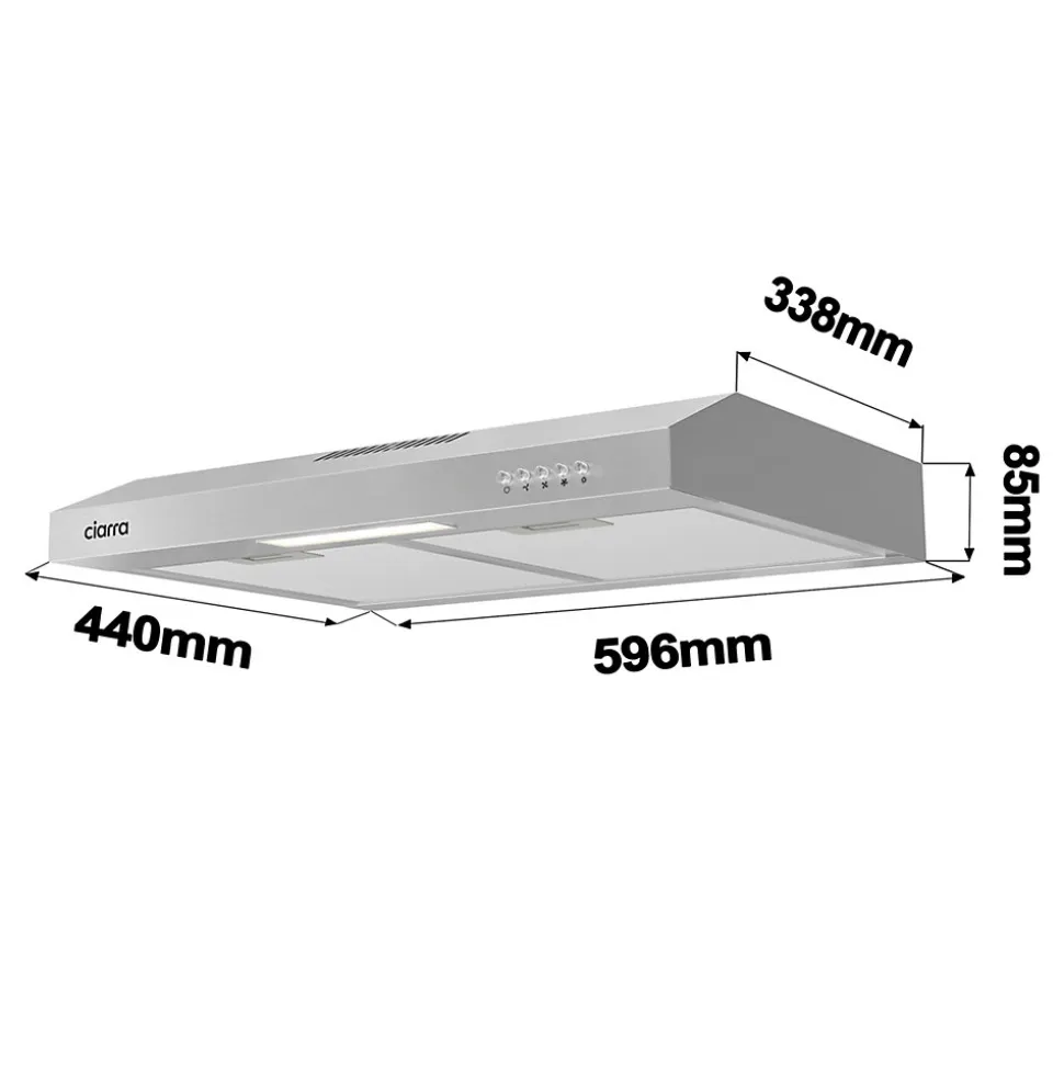 Hotte casquette 60cm 220m3/h 3 vitesses hotte encastrable évacuation ou recyclage inox Ciarra CD6903DS