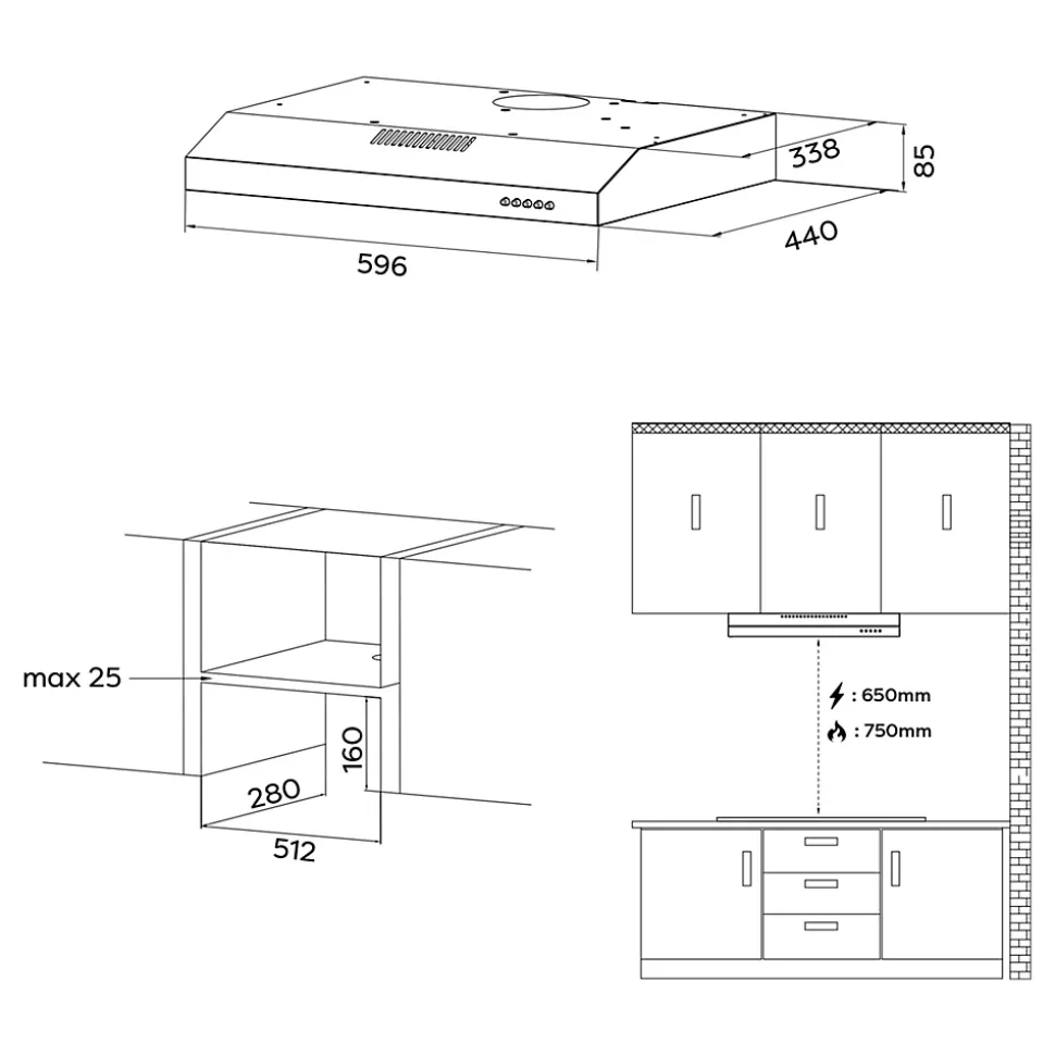 Hotte casquette 60cm 220m3/h 3 vitesses hotte encastrable évacuation ou recyclage inox Ciarra CD6903DS