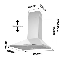 Hotte décorative 60cm murale 370m3h classe a++ 3 vitesses évacuation ou recyclage inox 201BK60 Ciarra