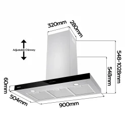 Hotte décorative 90cm murale 650m3h wifi classe a+++ 4 vitesses évacuation ou recyclage tactile inox CD9102S Ciarra