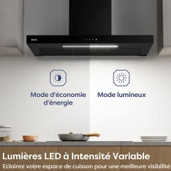 Hotte décorative 90cm murale 650m3h wifi classe a+++ 4 vitesses évacuation ou recyclage tactile noir CD9102B Ciarra