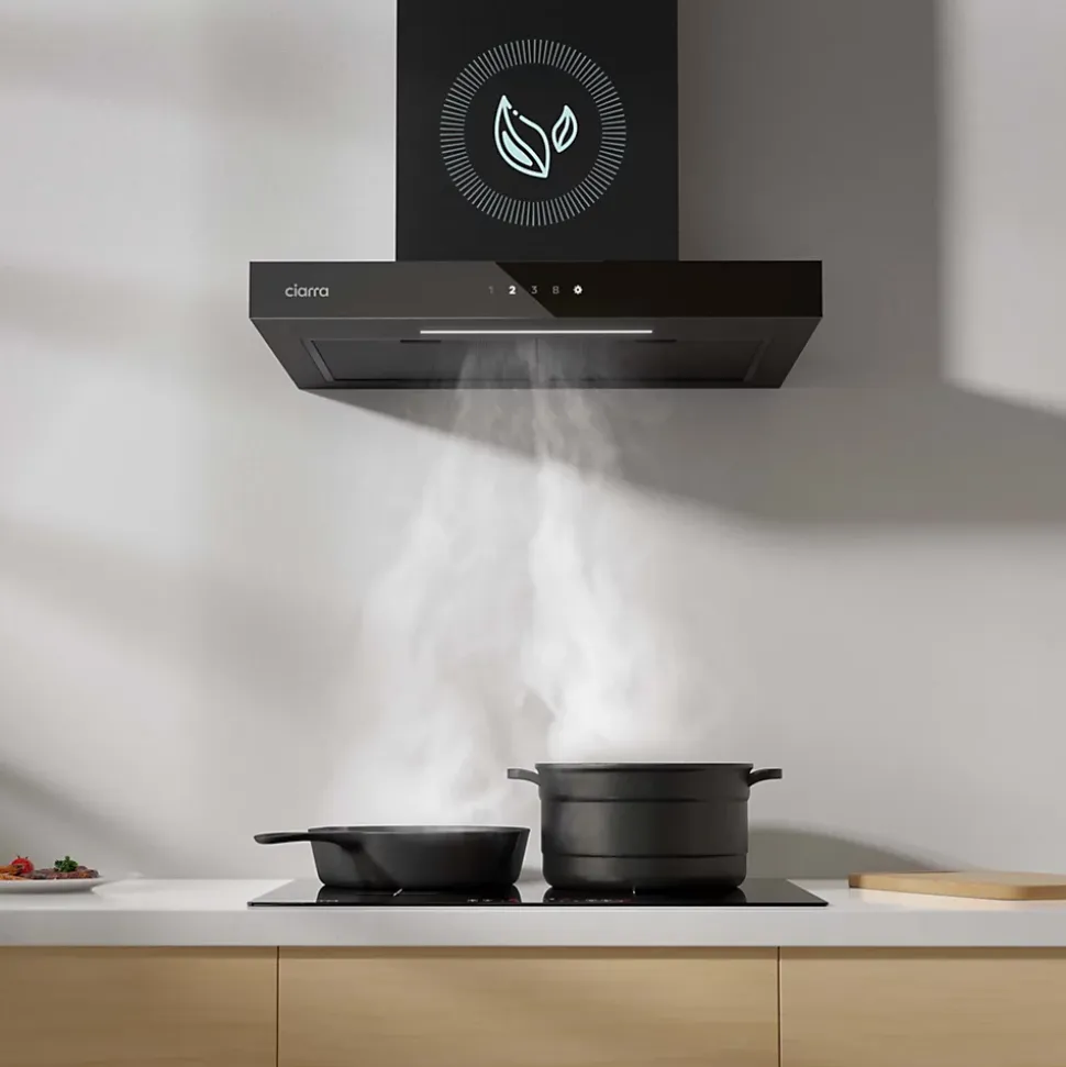 Hotte décorative 60cm murale 650m3h wifi classe a+++ 4 vitesses évacuation ou recyclage tactile noir CD6102B Ciarra