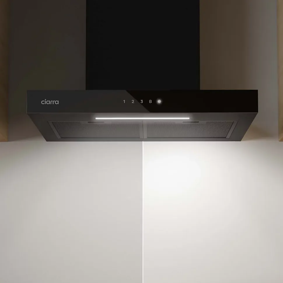 Hotte décorative 60cm murale 650m3h wifi classe a+++ 4 vitesses évacuation ou recyclage tactile noir CD6102B Ciarra