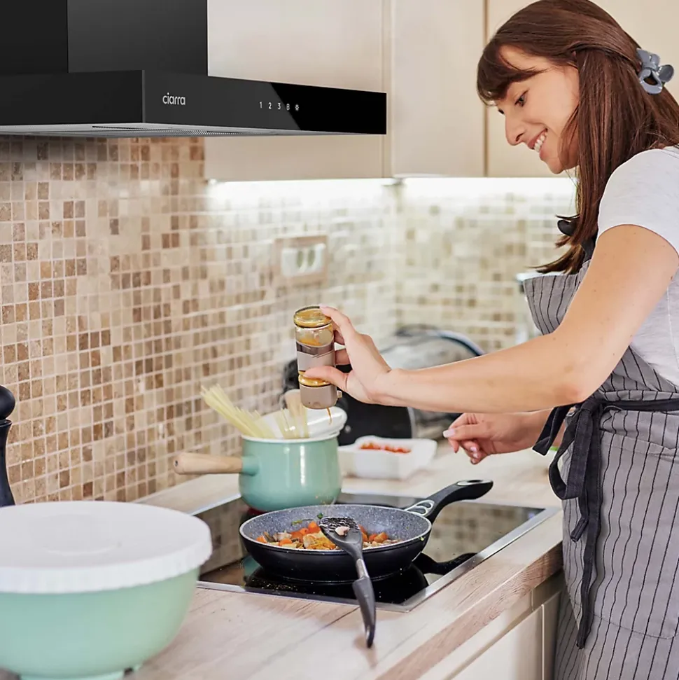 Hotte décorative 60cm murale 650m3h wifi classe a+++ 4 vitesses évacuation ou recyclage tactile noir CD6102B Ciarra