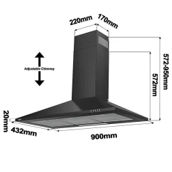 Hotte décorative 90cm murale 370m3h classe a++ 3 vitesses évacuation ou recyclage noir Ciarra 201BK90