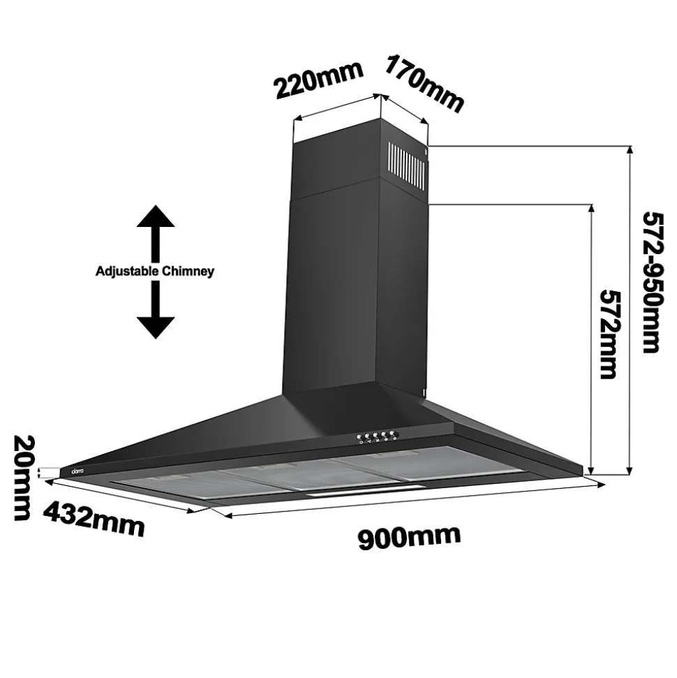 Hotte décorative 90cm murale 370m3h classe a++ 3 vitesses évacuation ou recyclage noir Ciarra 201BK90