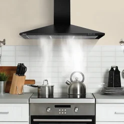 Hotte décorative 90cm murale 370m3h classe a++ 3 vitesses évacuation ou recyclage noir Ciarra 201BK90