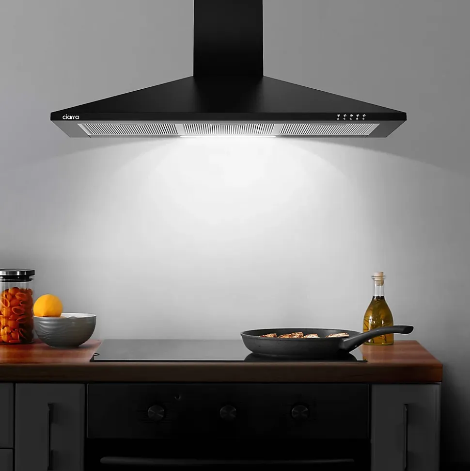 Hotte décorative 90cm murale 370m3h classe a++ 3 vitesses évacuation ou recyclage noir Ciarra 201BK90