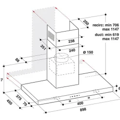 Hotte décorative murale 90cm 69db 713m3/h inox/noir Whirlpool AKR759/1IX