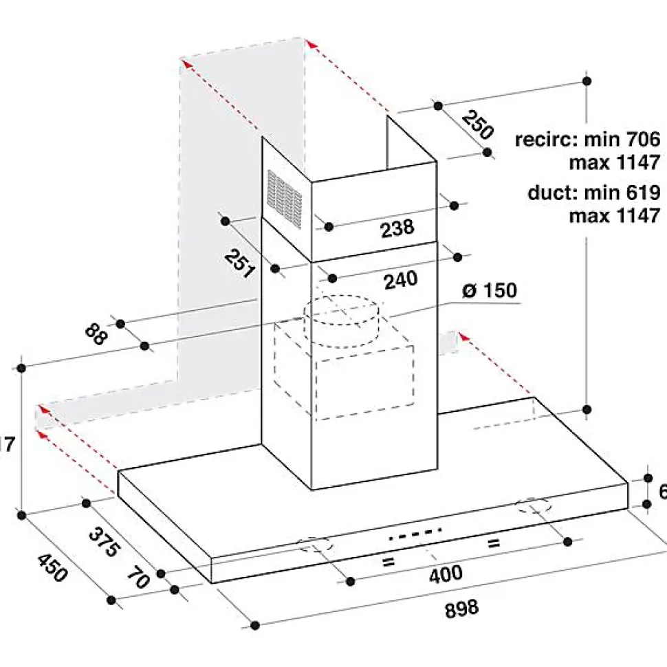Hotte décorative murale 90cm 69db 713m3/h inox/noir Whirlpool AKR759/1IX