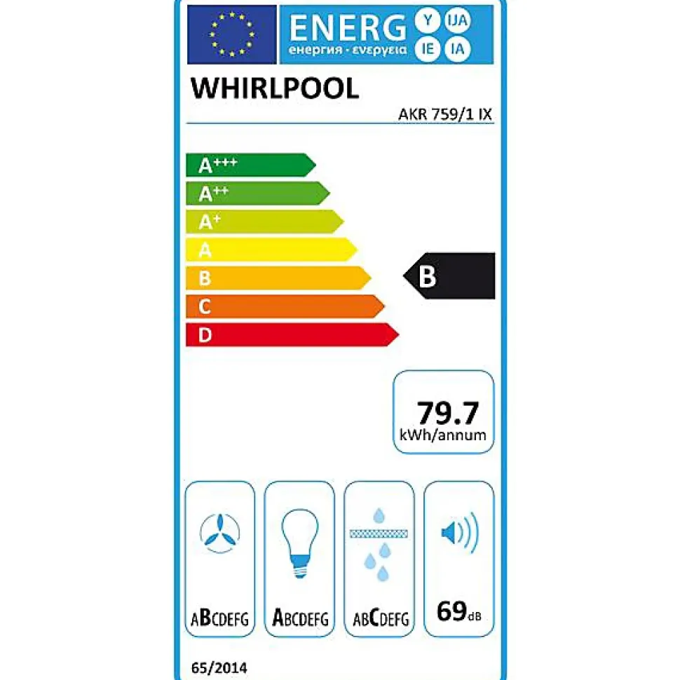 Hotte décorative murale 90cm 69db 713m3/h inox/noir Whirlpool AKR759/1IX