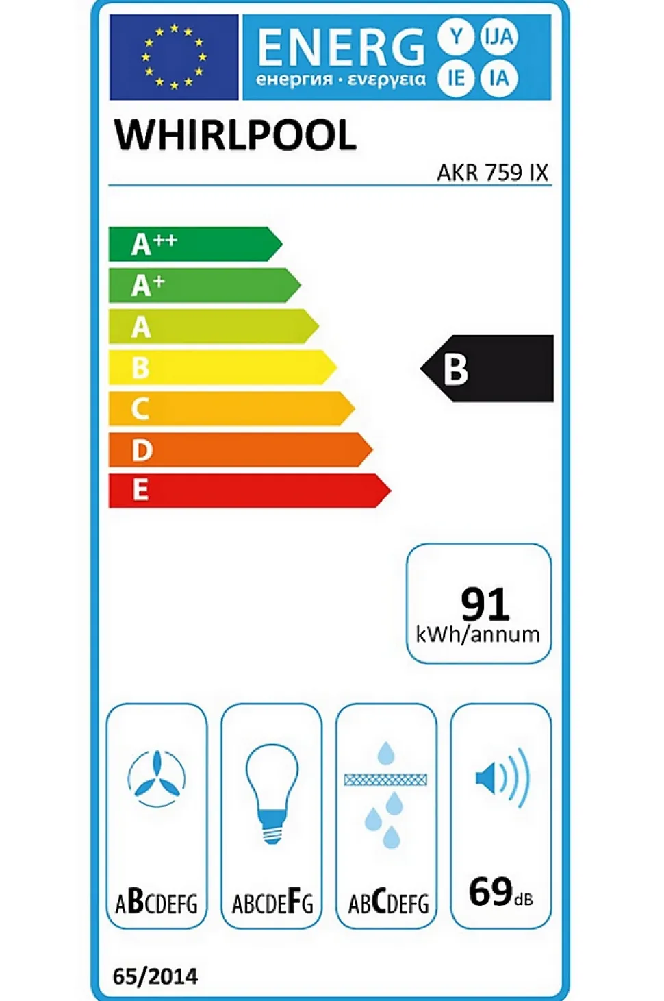 Hotte décorative murale 90cm 69db 713m3/h inox/noir Whirlpool AKR759/1IX