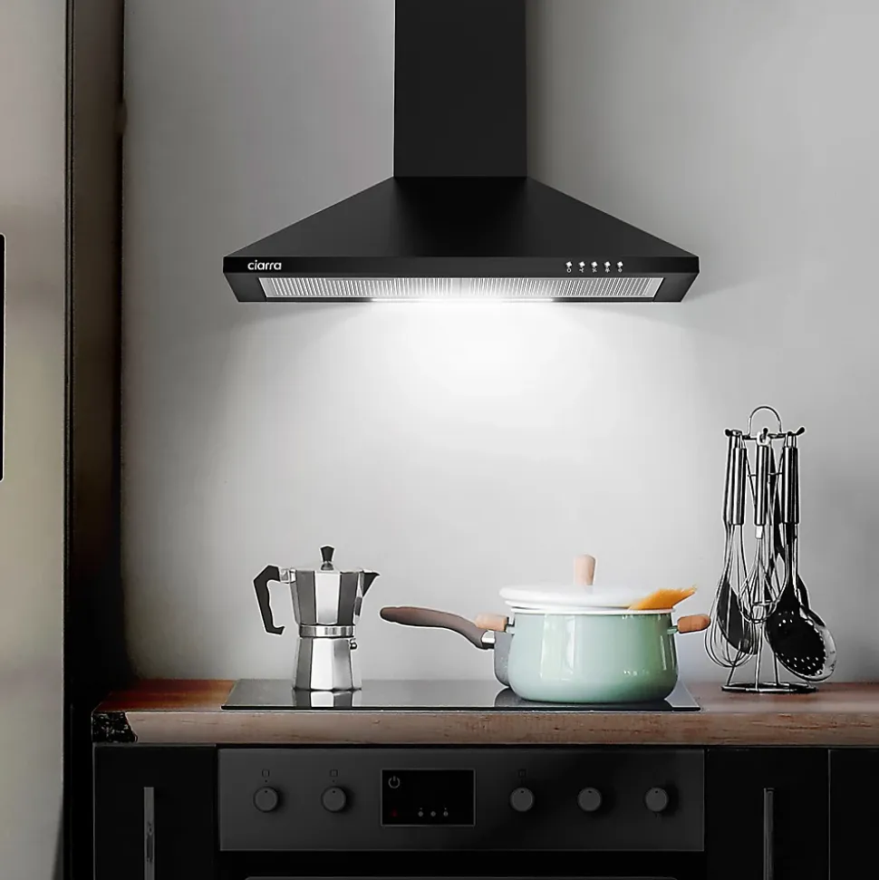 Hotte décorative murale 60cm 370m3h classe a++ 3 vitesses évacuation ou recyclage noir Ciarra 201BK60