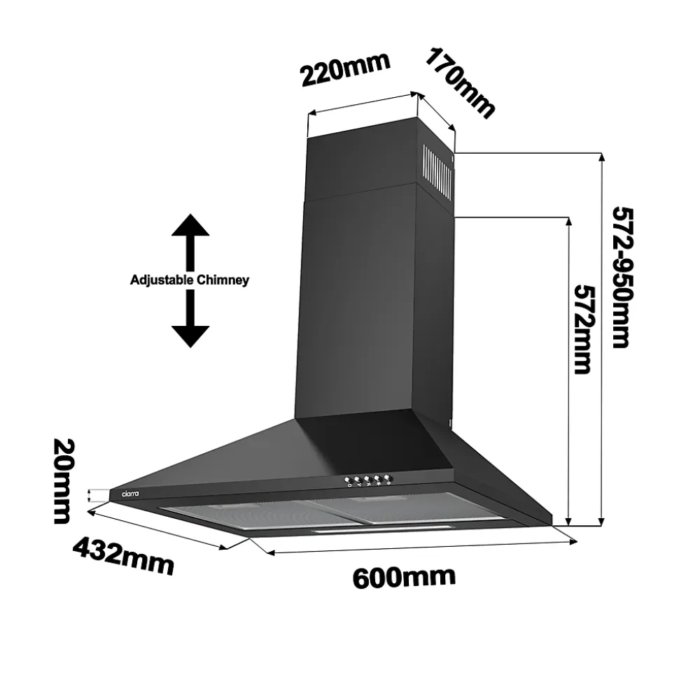 Hotte décorative murale 60cm 370m3h classe a++ 3 vitesses évacuation ou recyclage noir Ciarra 201BK60