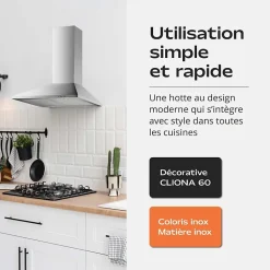 Hotte de Cuisine Décorative Inox 60cm - Pyramide 338 m3/h - Evacuation ou Recyclage