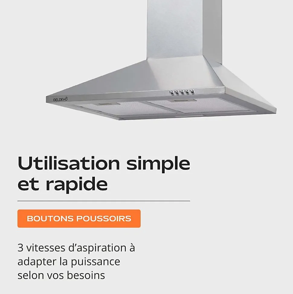 Hotte de Cuisine Décorative Inox 60cm - Pyramide 338 m3/h - Evacuation ou Recyclage