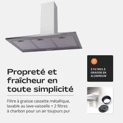Hotte de Cuisine Décorative Inox 90cm - Pyramide 338 m3/h - Evacuation ou Recyclage