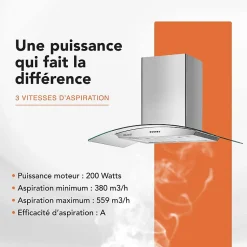 HOTTE DECORATIVE MURALE 90 CM - VERRE ET INOX - 559 m3 - 200W - 60dB