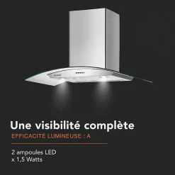 HOTTE DECORATIVE MURALE 90 CM - VERRE ET INOX - 559 m3 - 200W - 60dB