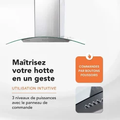 HOTTE DECORATIVE MURALE 90 CM - VERRE ET INOX - 559 m3 - 200W - 60dB